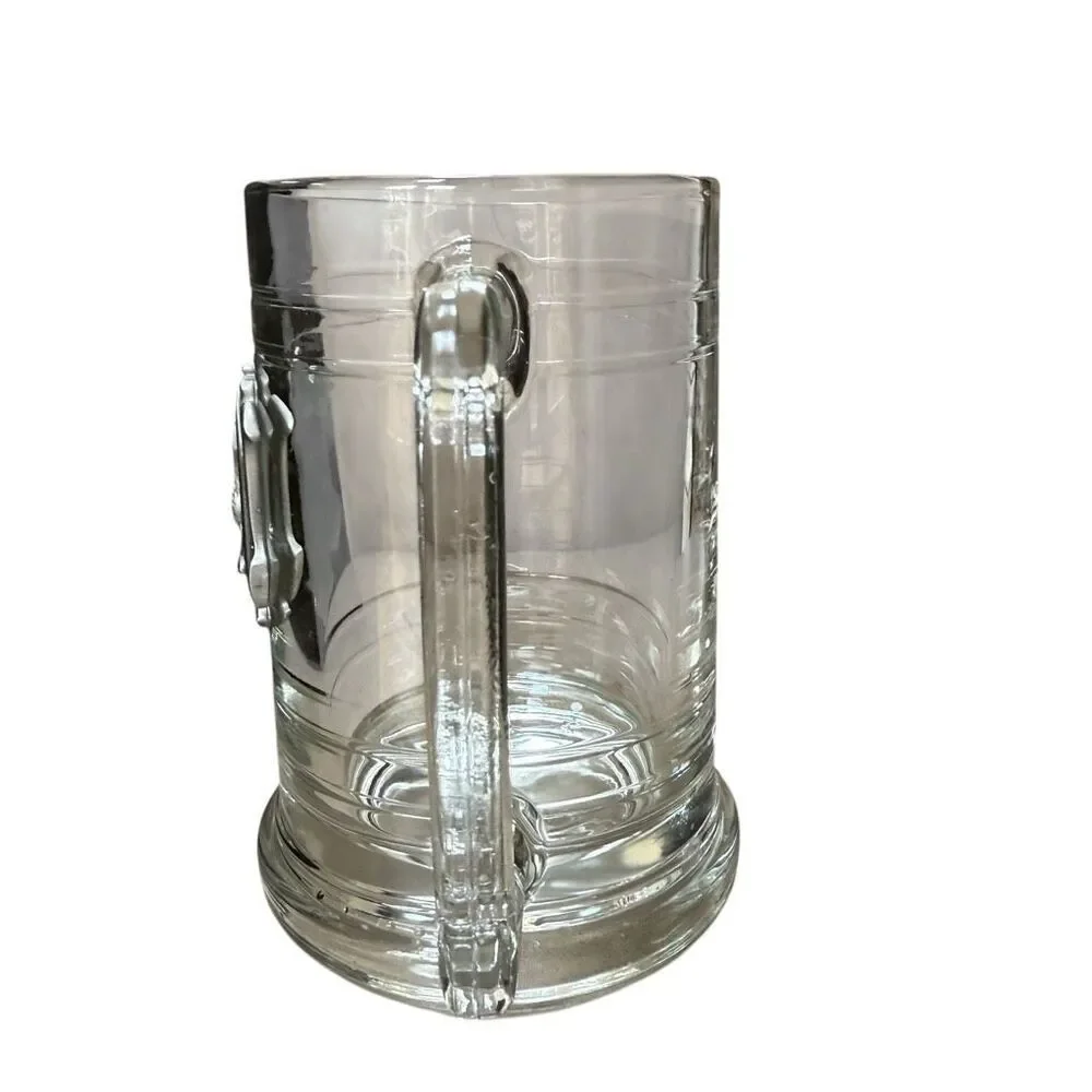 Clear Glass Beer Mug Stein with Pewter Golf Ball Clubs Sporting Motif